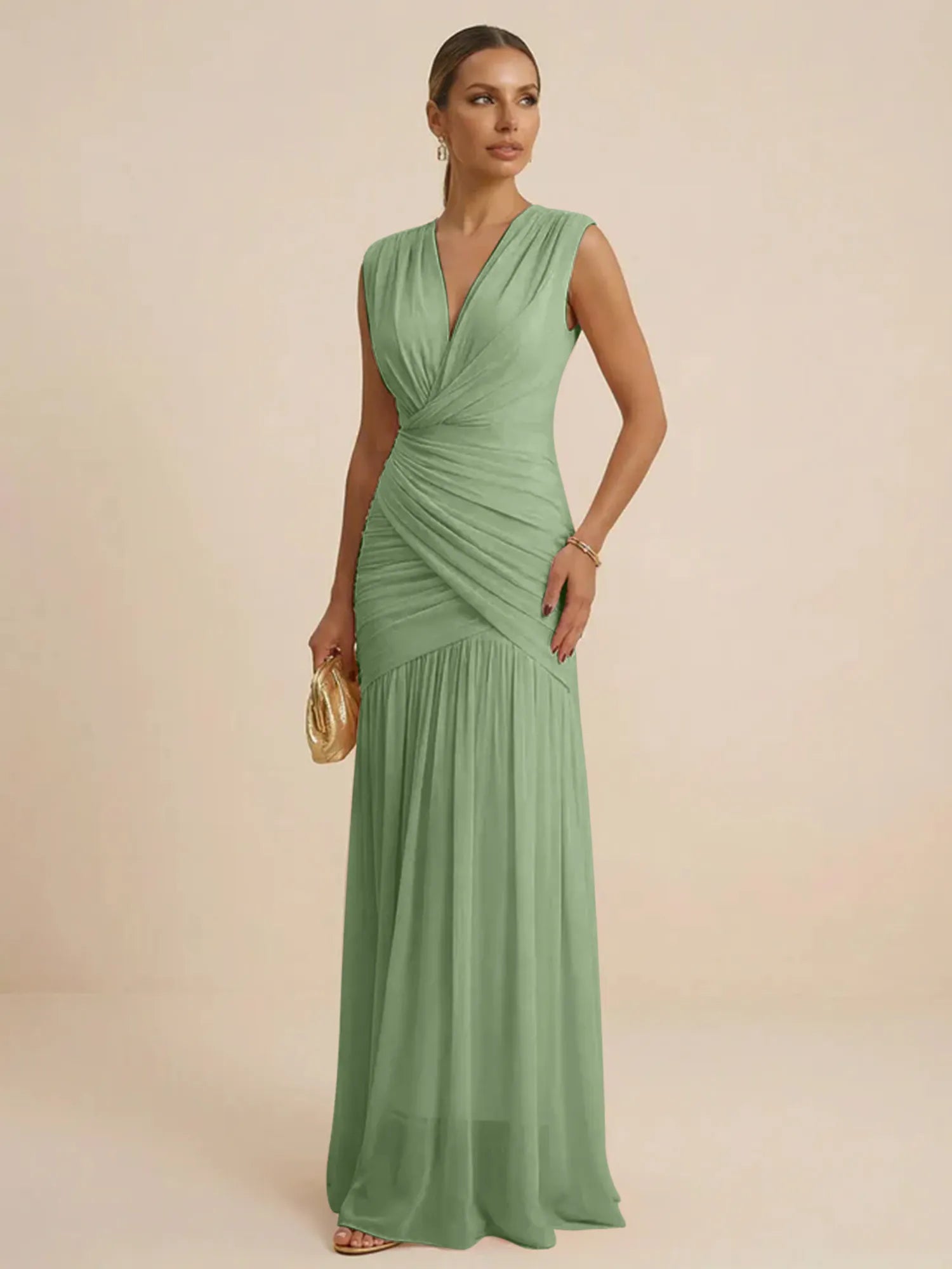 Pink Regular Straps V Neck Chiffon Pleat Mermaid Maxi Dress