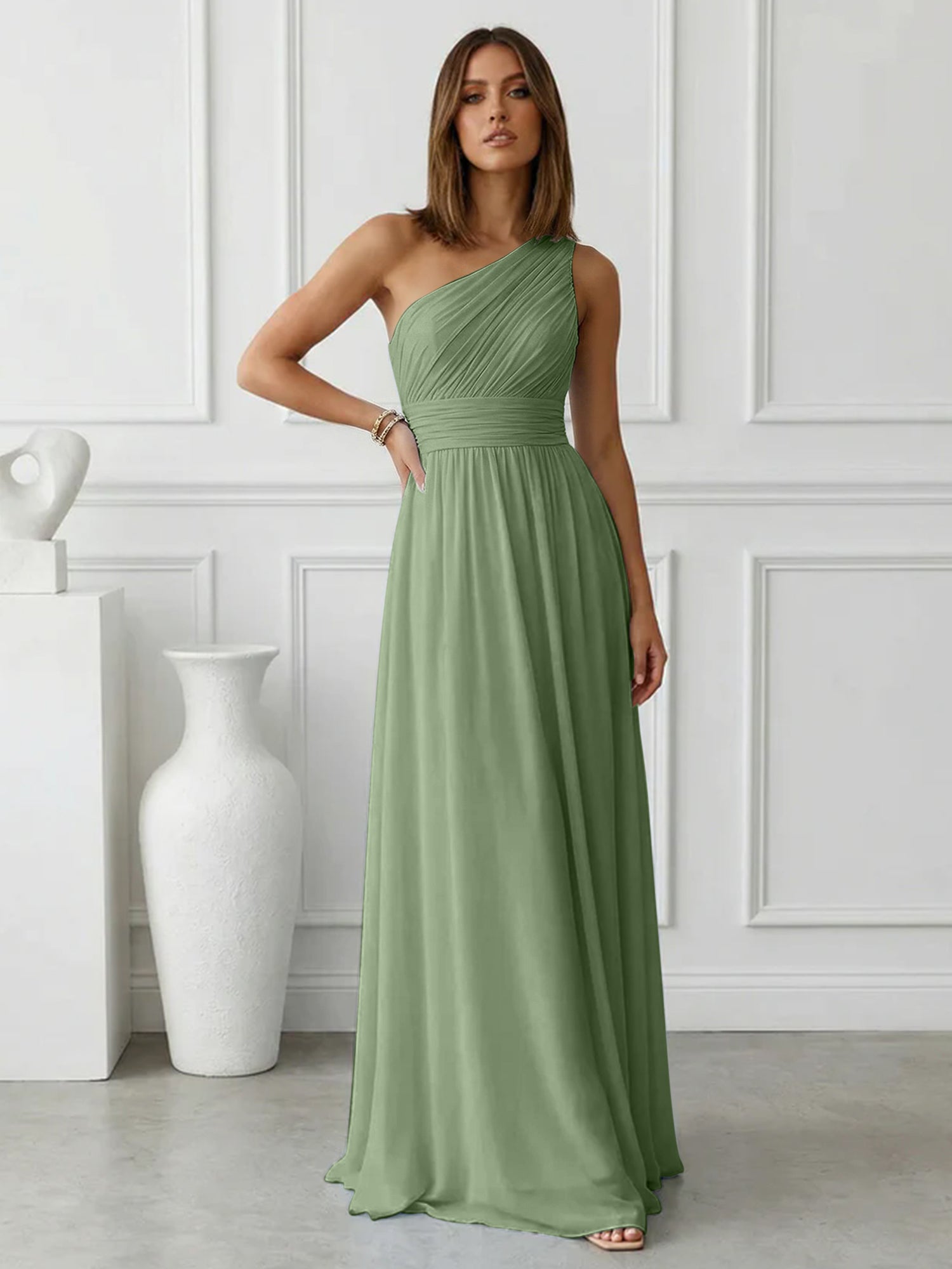 Timeless Light Blue One-Shoulder Maxi Dress Ruched Chiffon Gown
