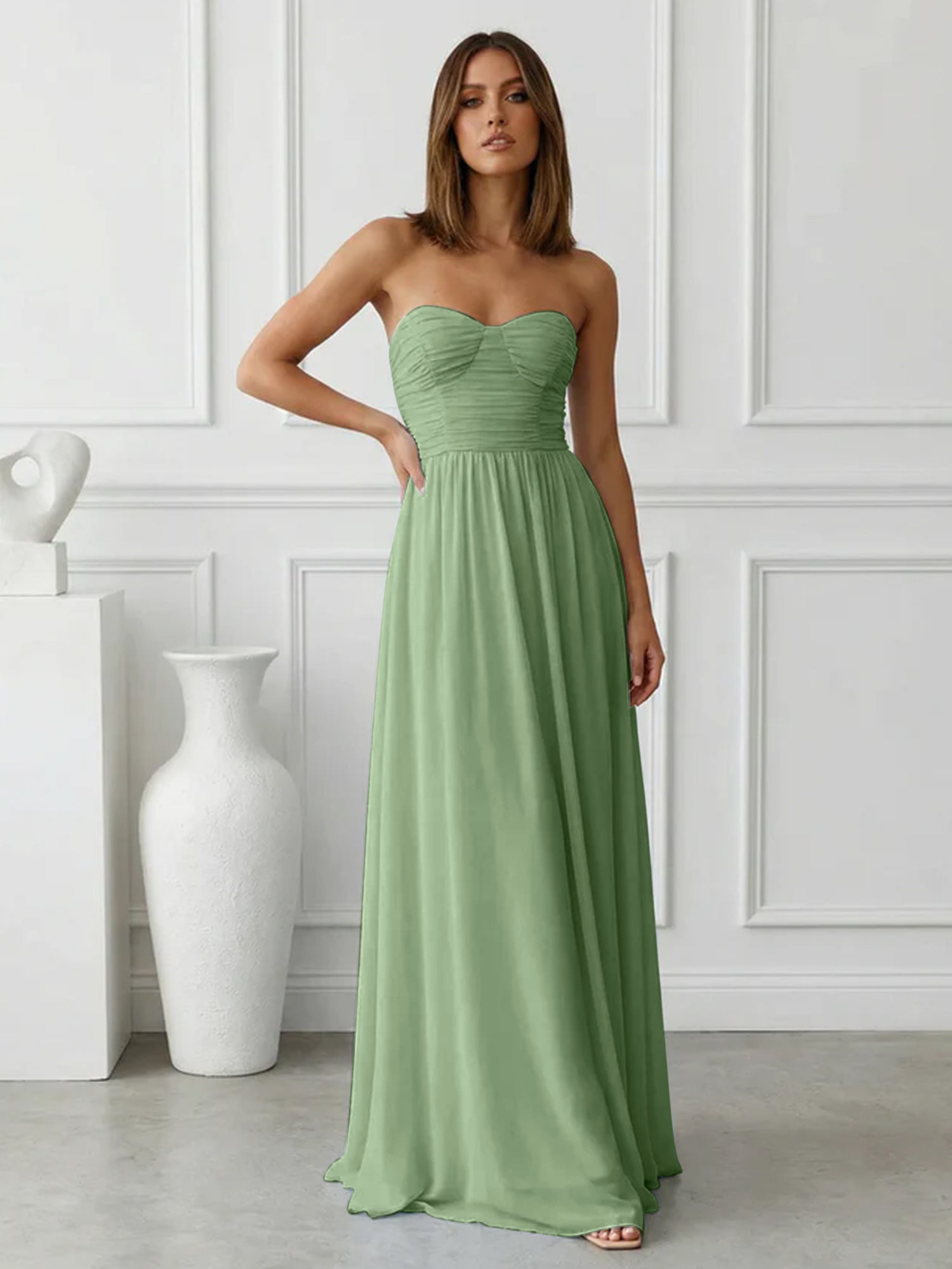 Light Blue Sweetheart Chiffon A Line Maxi Dress with Pleat