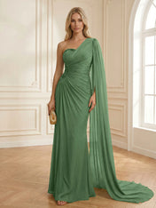 Sage Green One Shoulder Beaded Evening Gown with Cape Sleeve