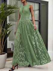 Midnight Black Lace Hollow Out Crew Neck Sleeveless A-Line Maxi Dress