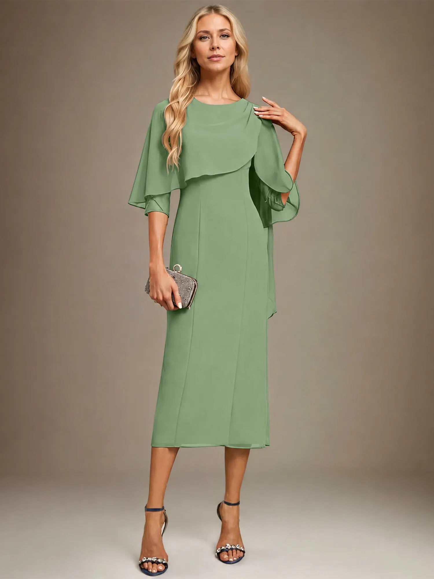 Column Scoop Tea Length Chiffon Dress With Pleated Beading