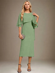 Sheath/Column Scoop Tea Length Chiffon Dress With Pleated Beading