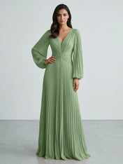 Slate Blue Plunging V-Neck Pleated Long Sleeve Maxi Dress Gown