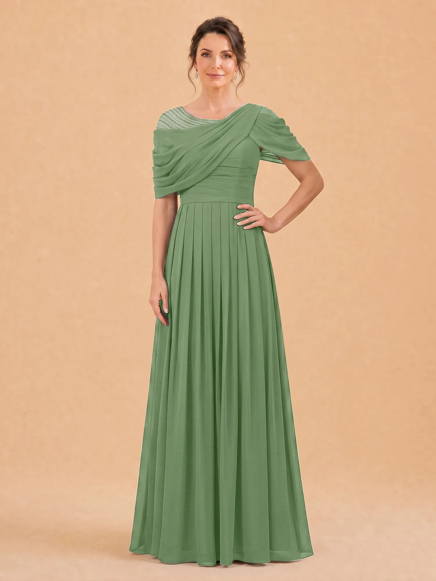 One-Shoulder Cape Overlay Chiffon Mother of the Bride Dress