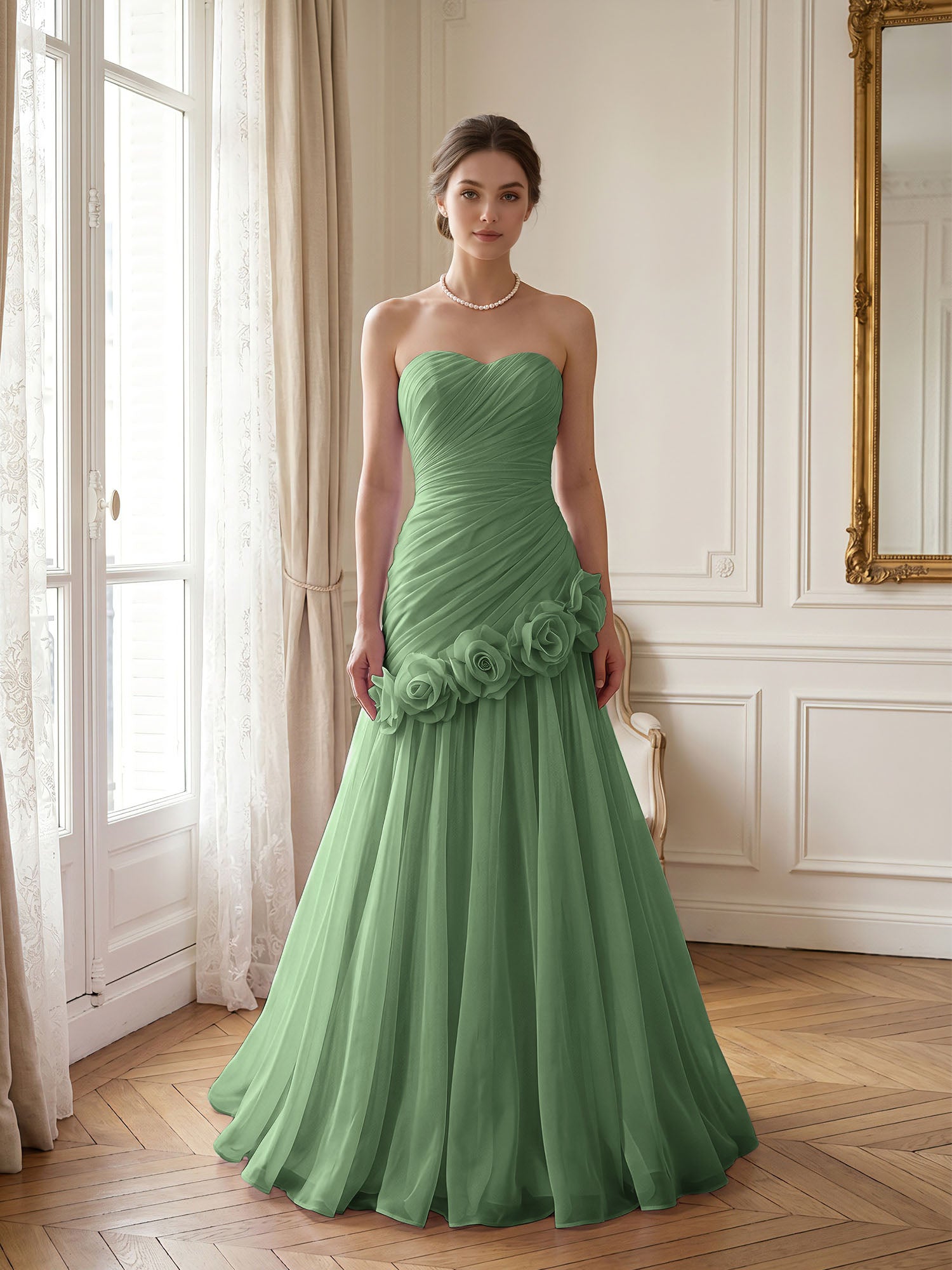 Lilac 3D Rosette Strapless Chiffon Evening Formal Gown Wedding Guest Dress