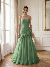 Lilac 3D Rosette Strapless Chiffon Evening Formal Gown Wedding Guest Dress