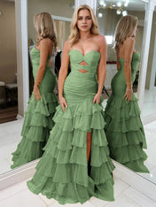 Yellow Strapless Mermaid Cutouts Ruffled Tiered Corset Back Prom Dress with Slit