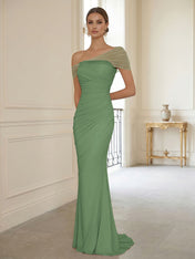 Sophisticated Blush Pink Asymmetrical Ruched Maxi Dress Evening Gown
