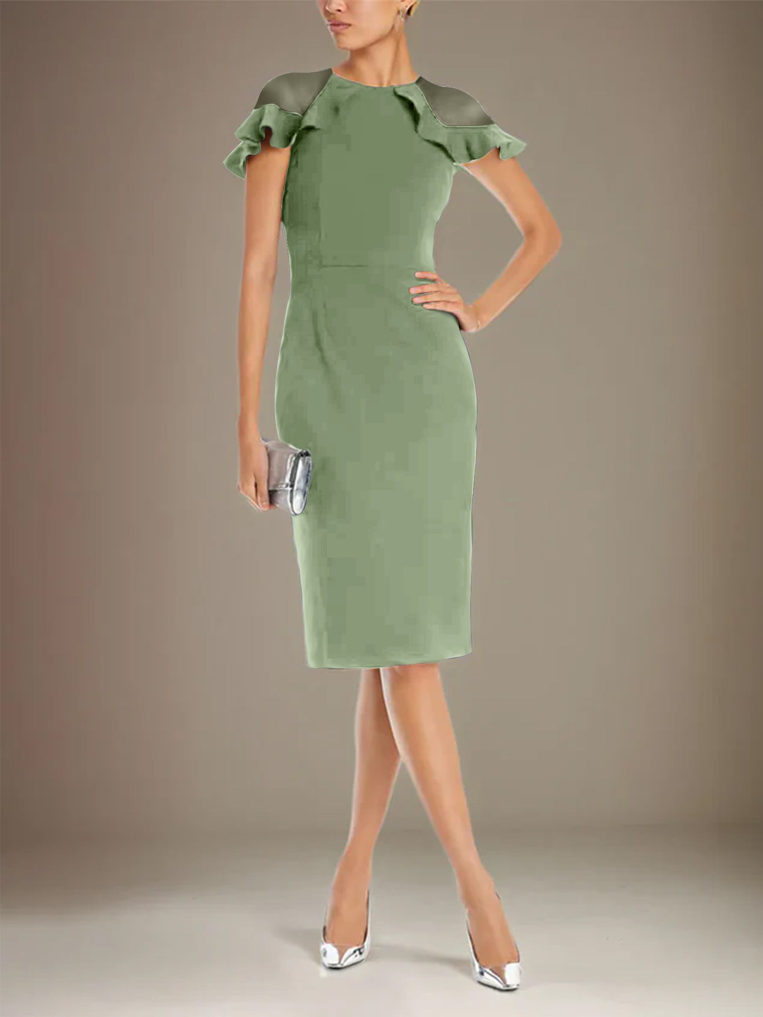 Column Stretch Crepe Scoop Short Sleeves Knee Length Dress