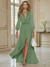 Elegant Beige Chiffon V-neck With Rhinestone Embellishments And A Side Slit Maxi Dress