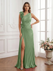 Olive Green Pleated One-Shoulder Prom Dress with 3D Rosettes