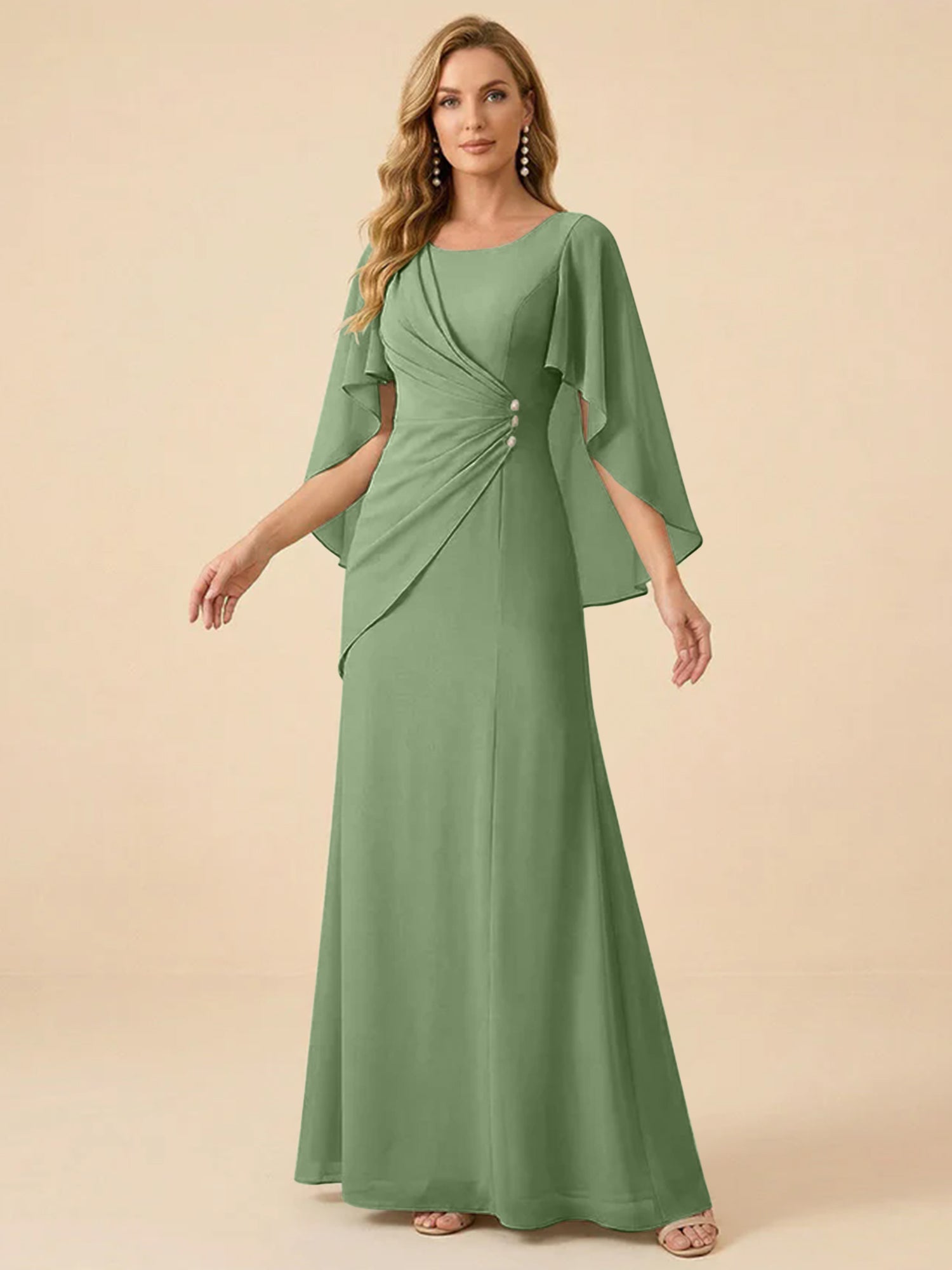 Sage Green Chiffon Beaded Mother of the Bride Dress with Cape Sleeves