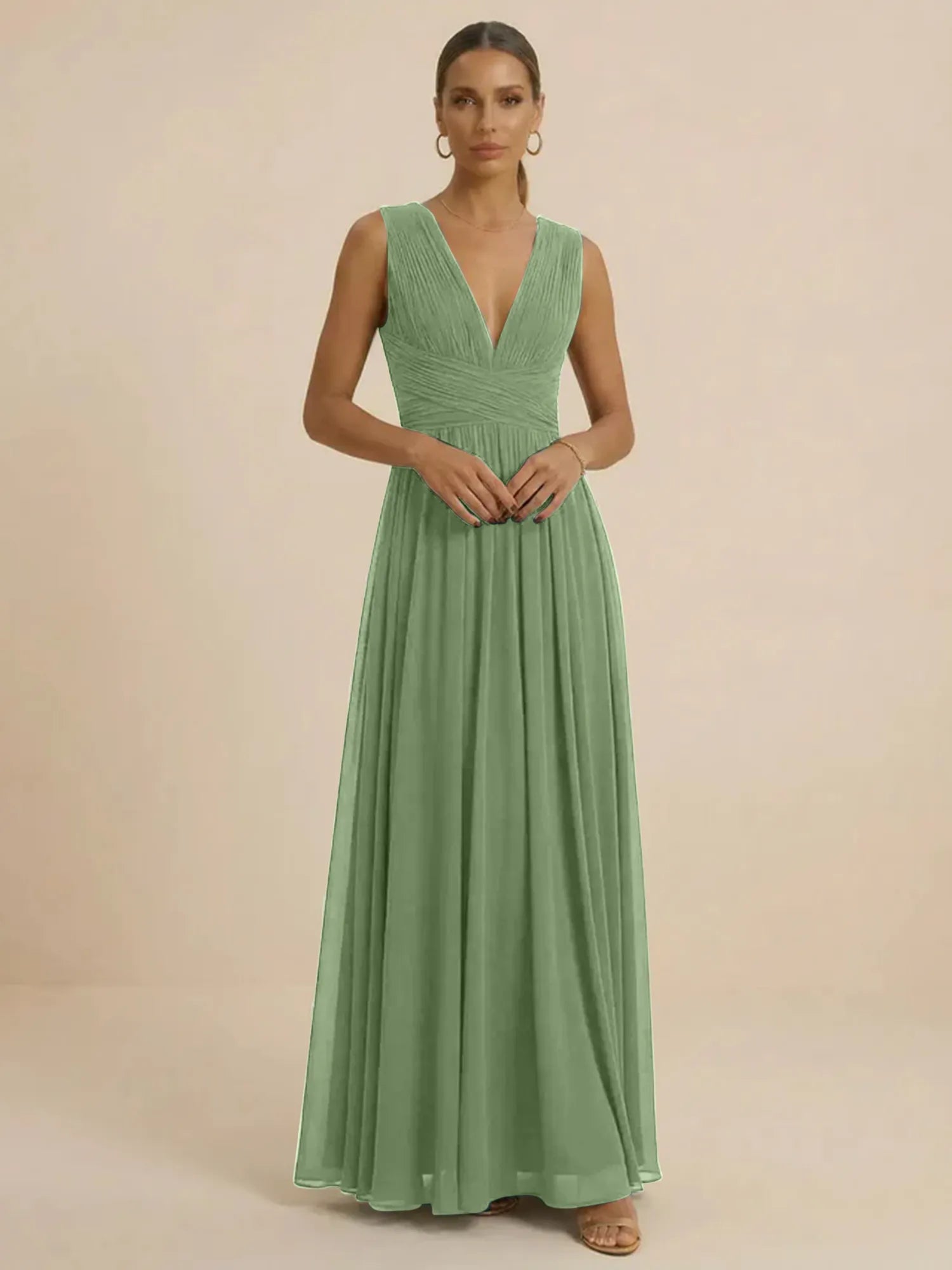 Teal Pleated V-Neck Chiffon Evening Gown with Ruched