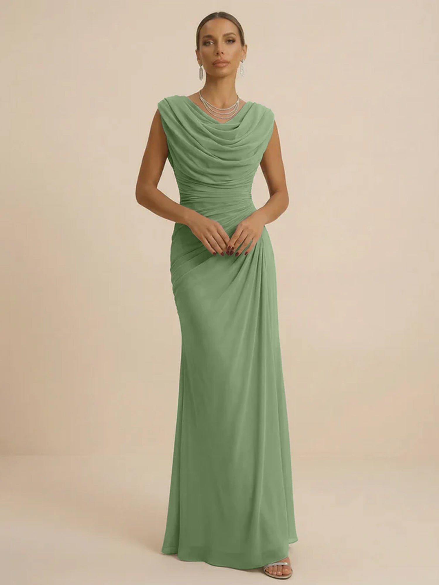 Dusty Grey Draped Cowl Neck Ruched Chiffon Evening Dresses