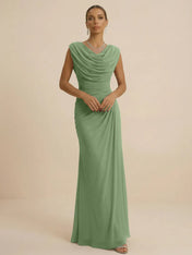 Dusty Grey Draped Cowl Neck Ruched Chiffon Evening Dresses