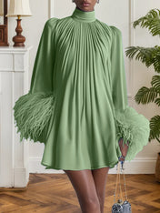 Blue Feather Ruched Chiffon Mock Neck Long Sleeve A-Line Mini Dress