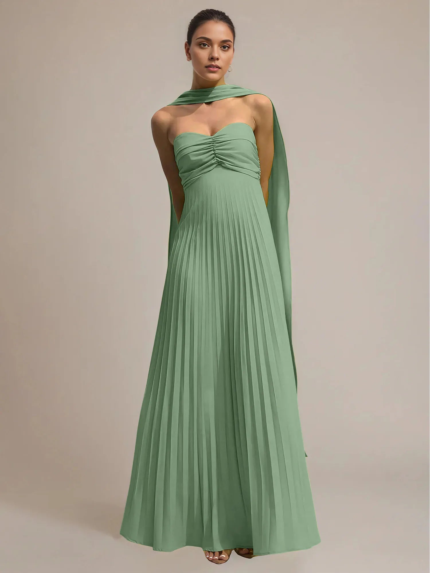 Green Chiffon A Line Off The Shoulder Sleeveless Floor Length Pleated Dress