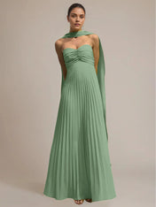 Green Chiffon A Line Off The Shoulder Sleeveless Floor Length Pleated Dress