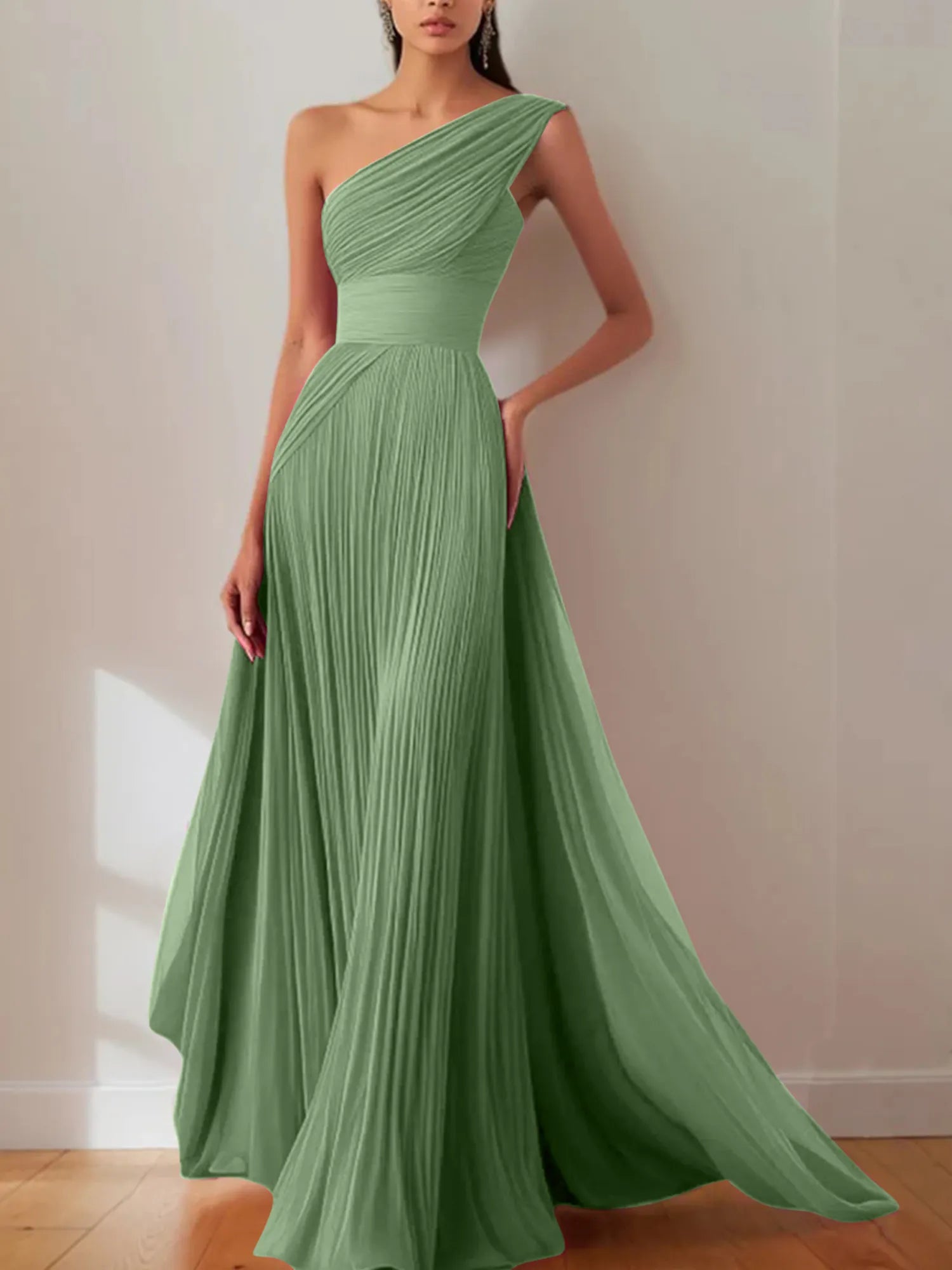 Prom Formal Pleated Dress Rose Color One-Shoulder Maxi Dress