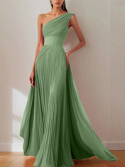 Prom Formal Pleated Dress Rose Color One-Shoulder Maxi Dress