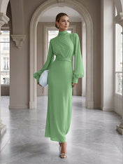 Ice Blue High-Neck Bishop Sleeve Gown Foraml Evening Dress