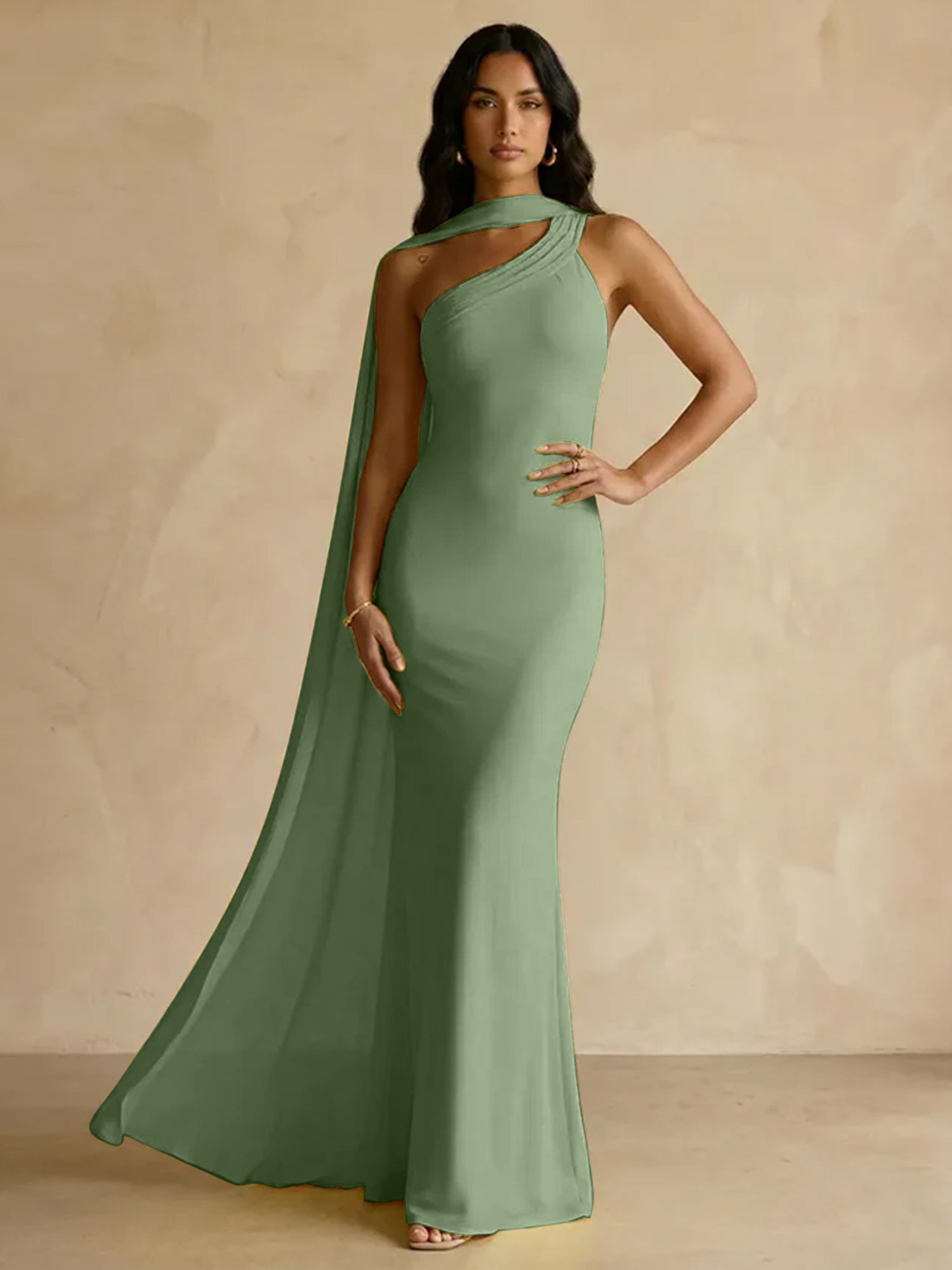 Yellow One-Shoulder Crepe Sheath Gown with Flowing Chiffon Cape Train