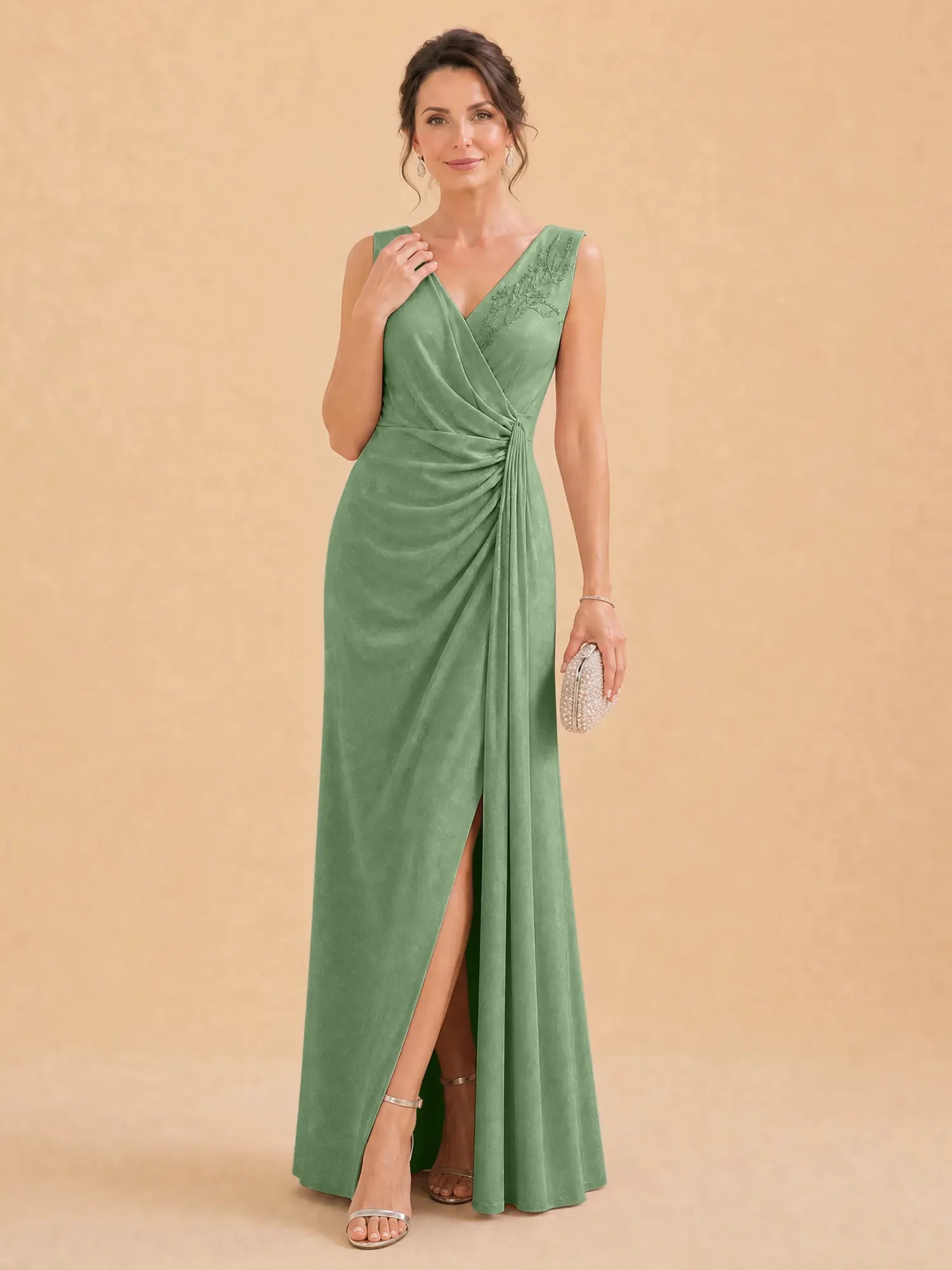 V-Neck Faux-Wrap Evening Gown with Side Draping Mother of The Bride Dresses