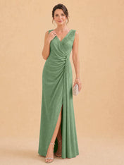 V-Neck Faux-Wrap Evening Gown with Side Draping Mother of The Bride Dresses