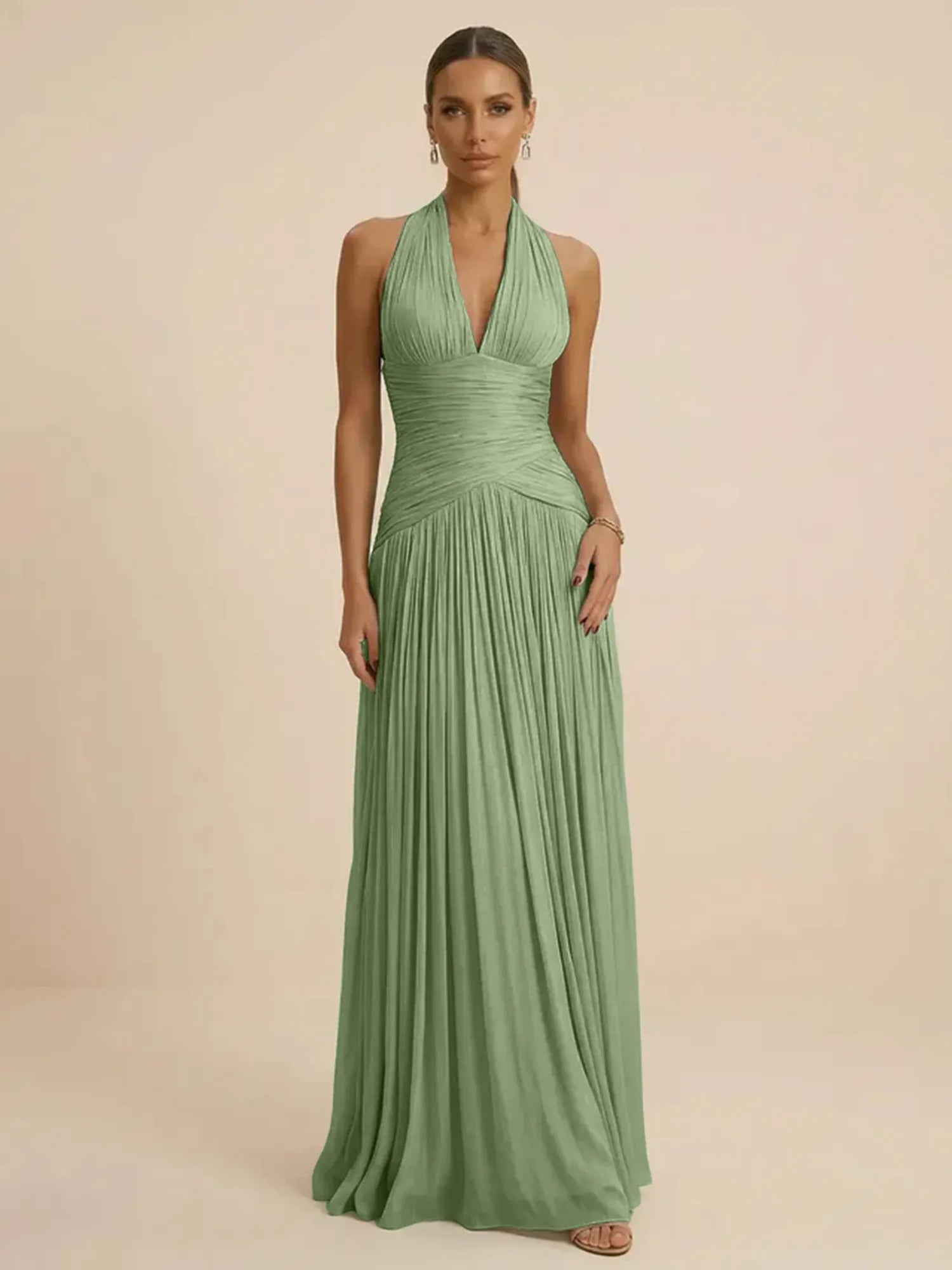 Sage Green Halter Neck Pleated Chiffon Evening Gown with Ruched