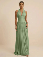 Sage Green Halter Neck Pleated Chiffon Evening Gown with Ruched
