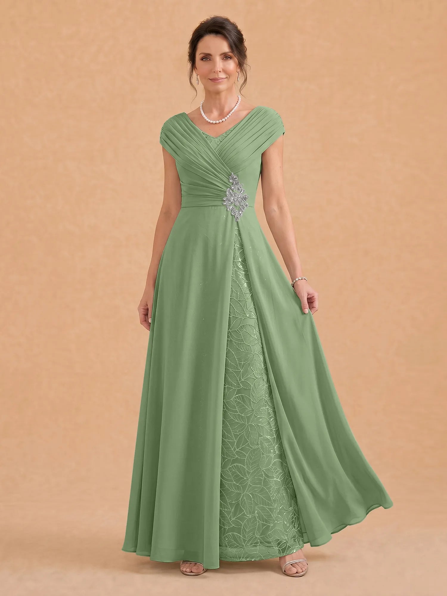 V-Neck Ruched Chiffon A-Line Mother of the Bride Dress with Crystal Brooch