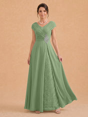 V-Neck Ruched Chiffon A-Line Mother of the Bride Dress with Crystal Brooch