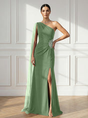 Formal Evening Dress Burgundy One Shoulder Slit Maxi Dress Gown