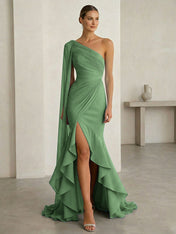 Glamorous Midnight Navy Formal Evening Dress One-Shoulder Ruched Cape Gown