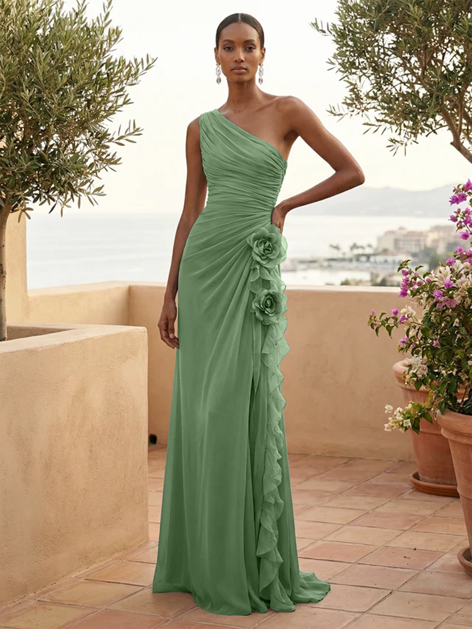 One Shoulder Pleat Mermaid A Line Ruffle Evening Dresses