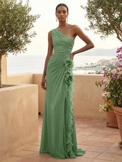 One Shoulder Pleat Mermaid A Line Ruffle Evening Dresses