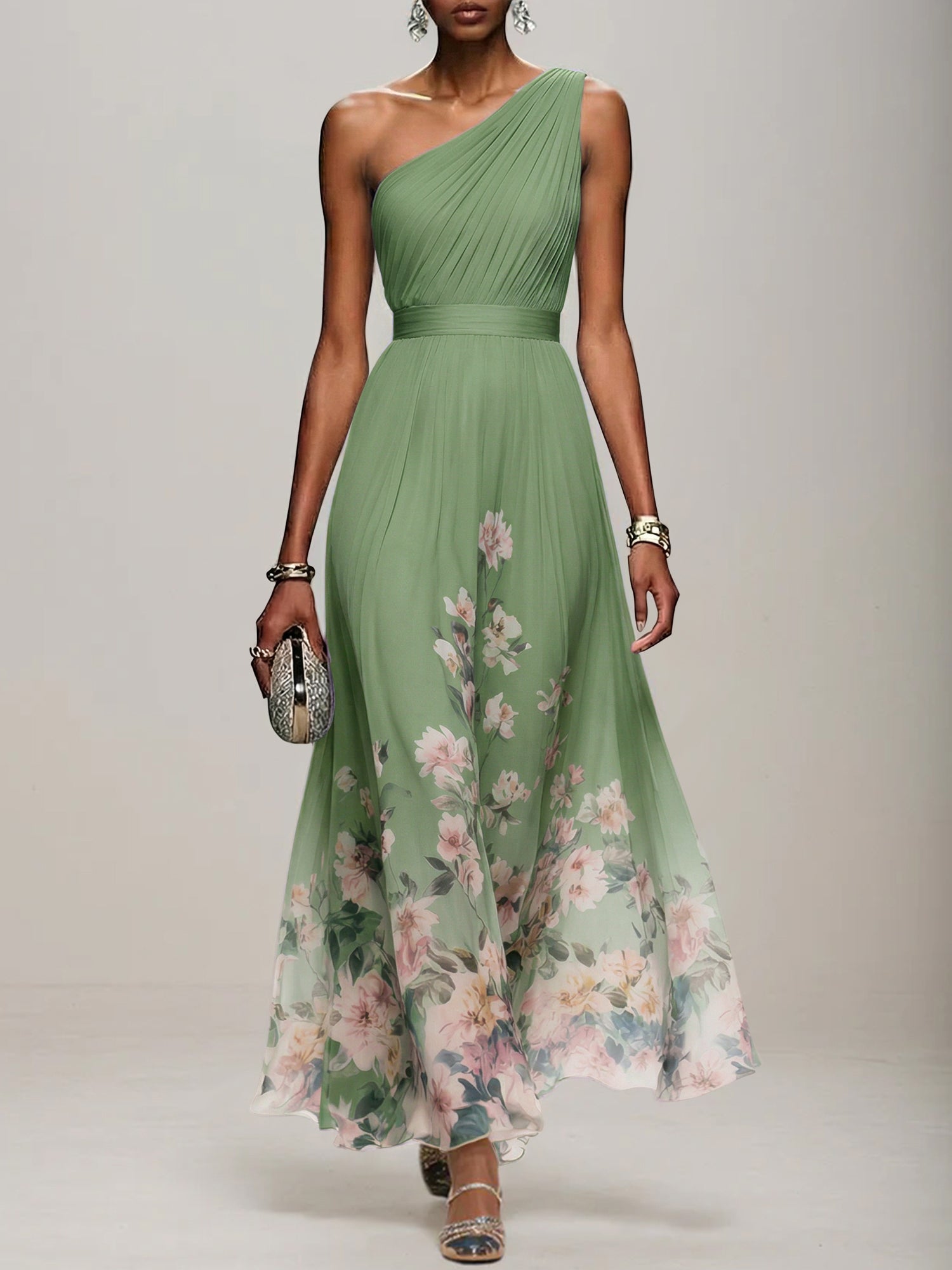 Light Blue Floral Chiffon One Shoulder Sleeveless A-Line Maxi Dress Gown