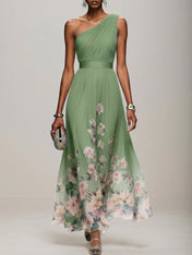 Light Blue Floral Chiffon One Shoulder Sleeveless A-Line Maxi Dress Gown