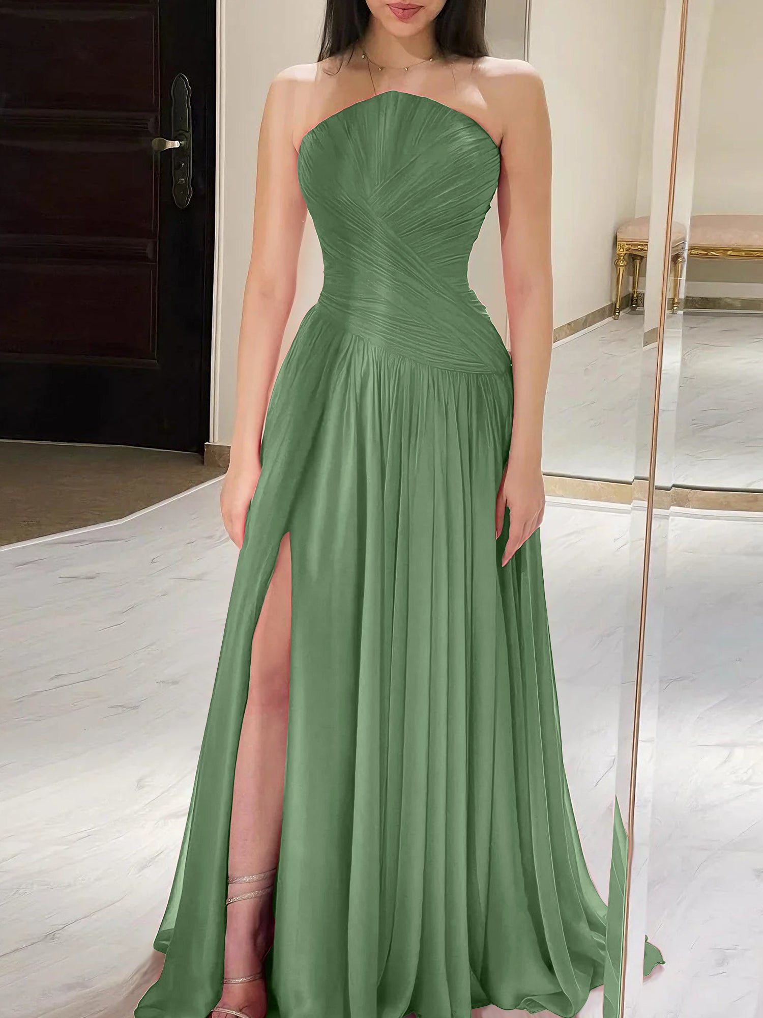 Red Pleated Chiffon Strapless Long Prom Dress with Slit