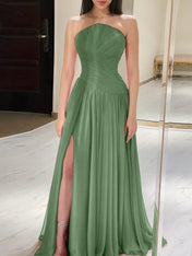 Red Pleated Chiffon Strapless Long Prom Dress with Slit