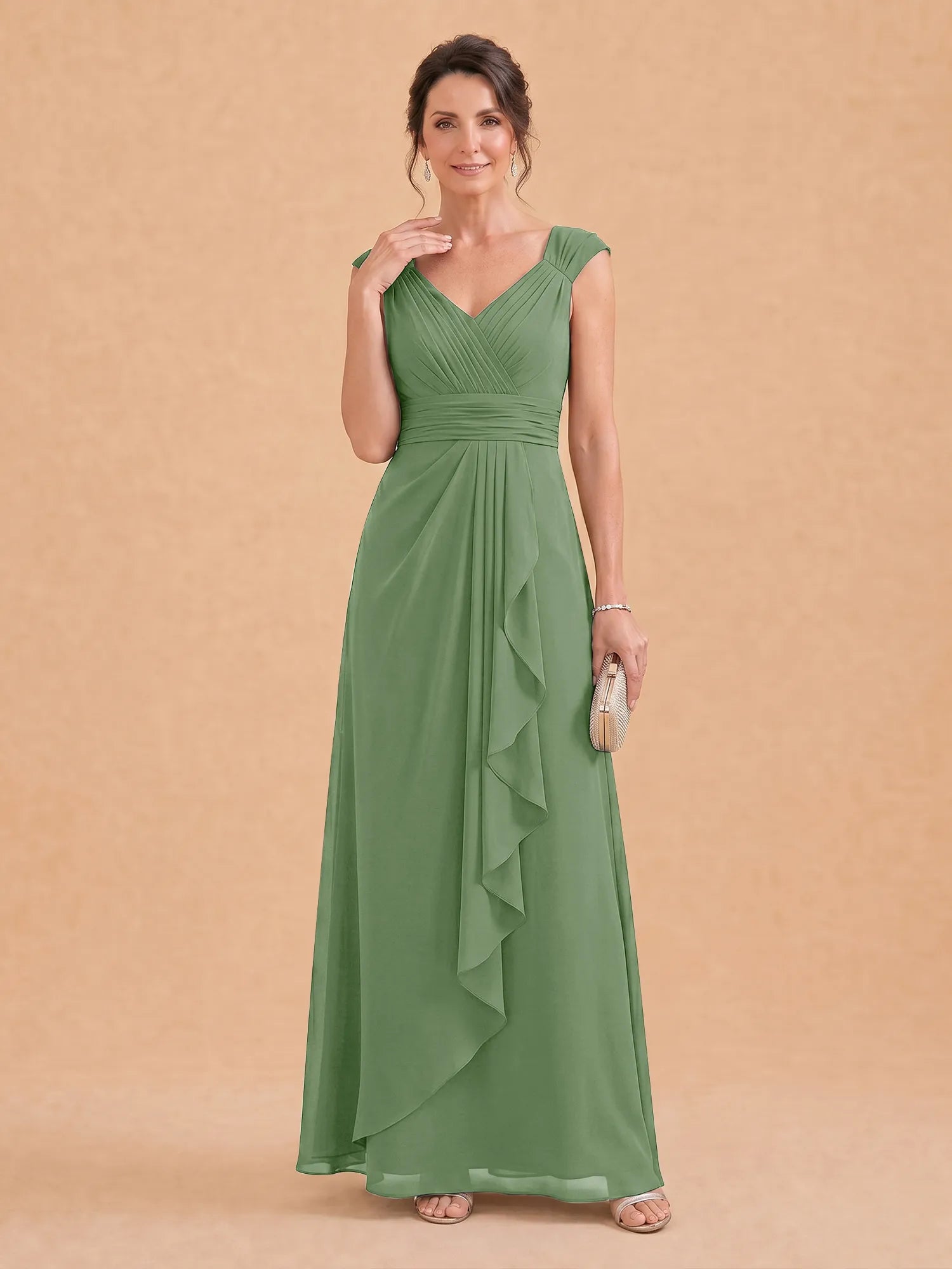 V-Neck Ruched Chiffon A-Line Mother of the Bride Dress with Cascading Ruffle