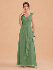 V-Neck Ruched Chiffon A-Line Mother of the Bride Dress with Cascading Ruffle