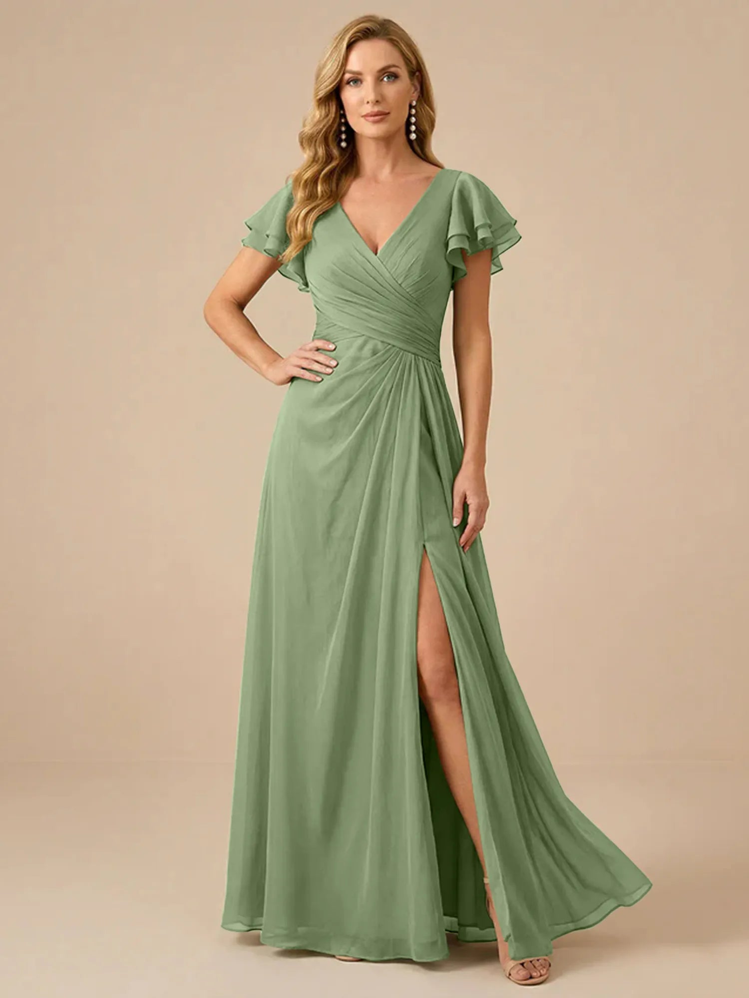 Sage Green V-Neck High-Slit Pleated Chiffon Dress