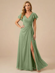 Sage Green V-Neck High-Slit Pleated Chiffon Dress