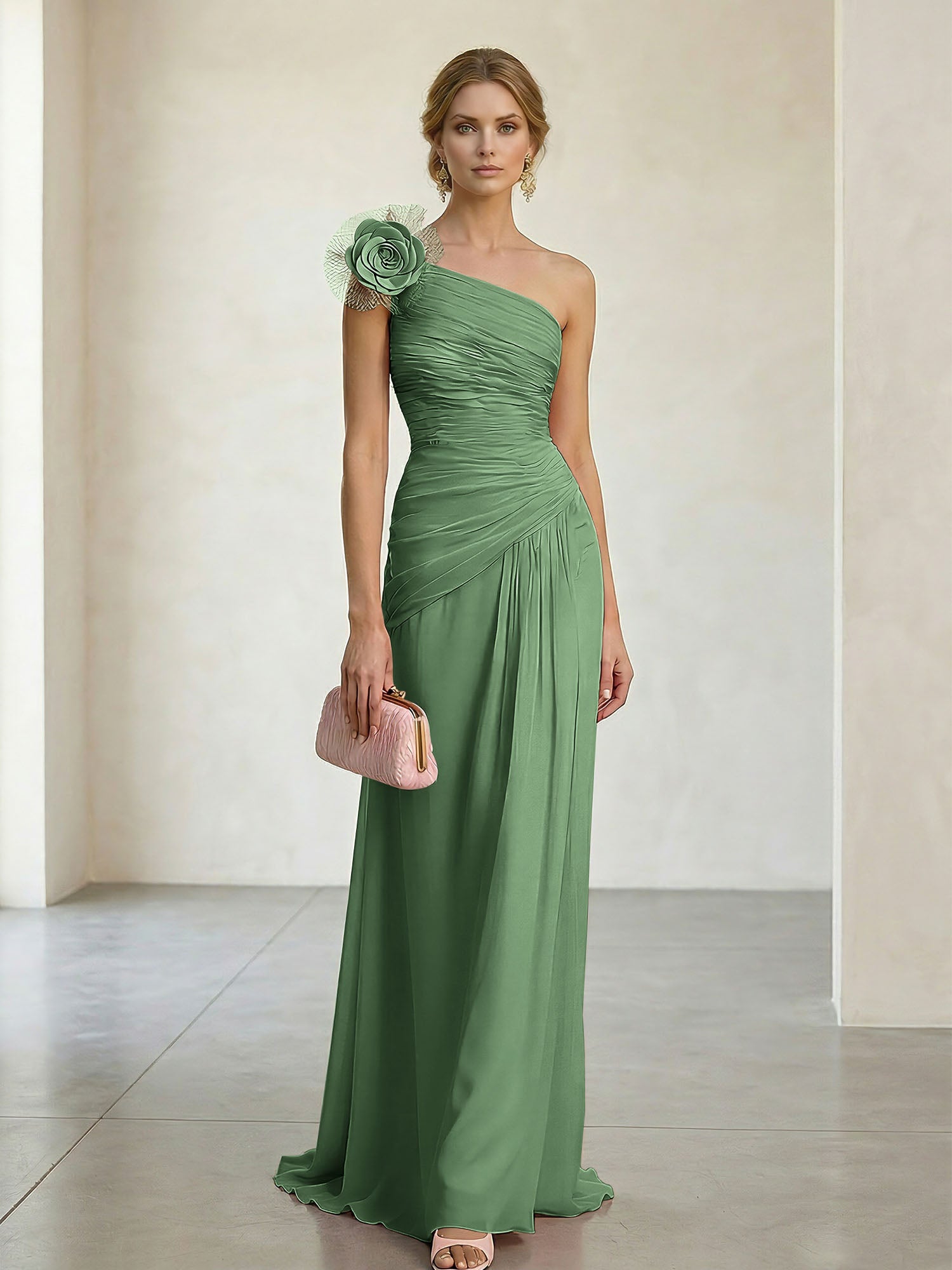 Blush Pink One-Shoulder Ruched 3D Floral Gown Dress
