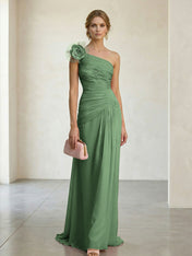 Blush Pink One-Shoulder Ruched 3D Floral Gown Dress