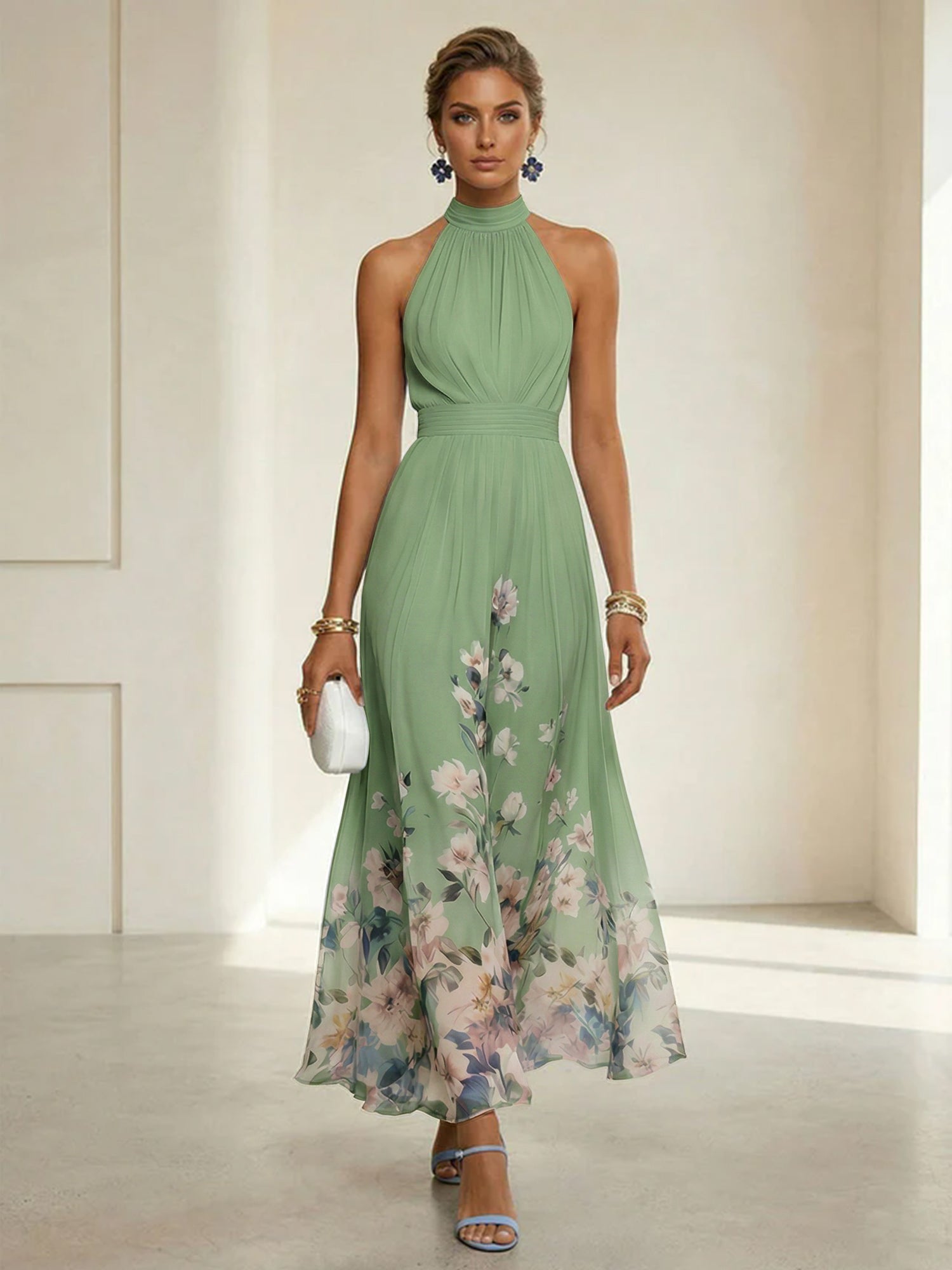 Light Blue Floral Chiffon Halter Sleeveless A-Line Maxi Dress Gown