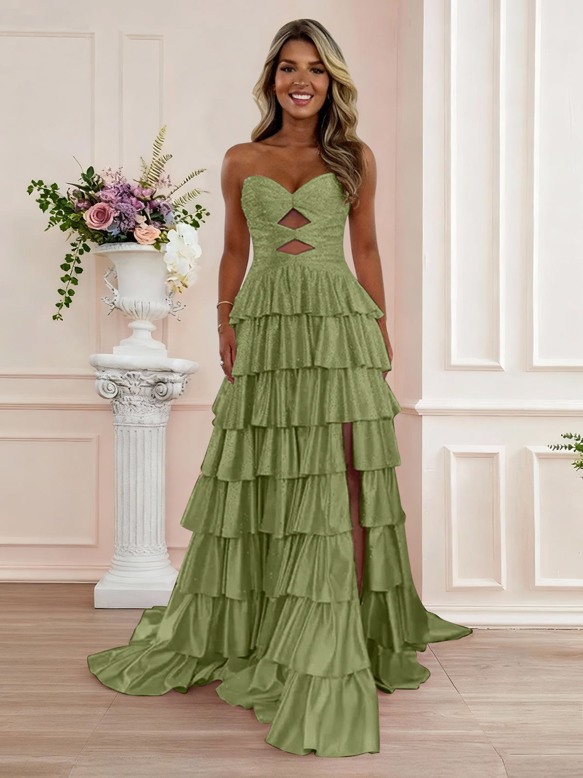 A Line Strapless Sweetheart Satin Prom Dress with Keyhole