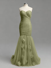 Dusty Rose Mermaid Strapless Ruched Tulle Prom Dress with 3D Floral